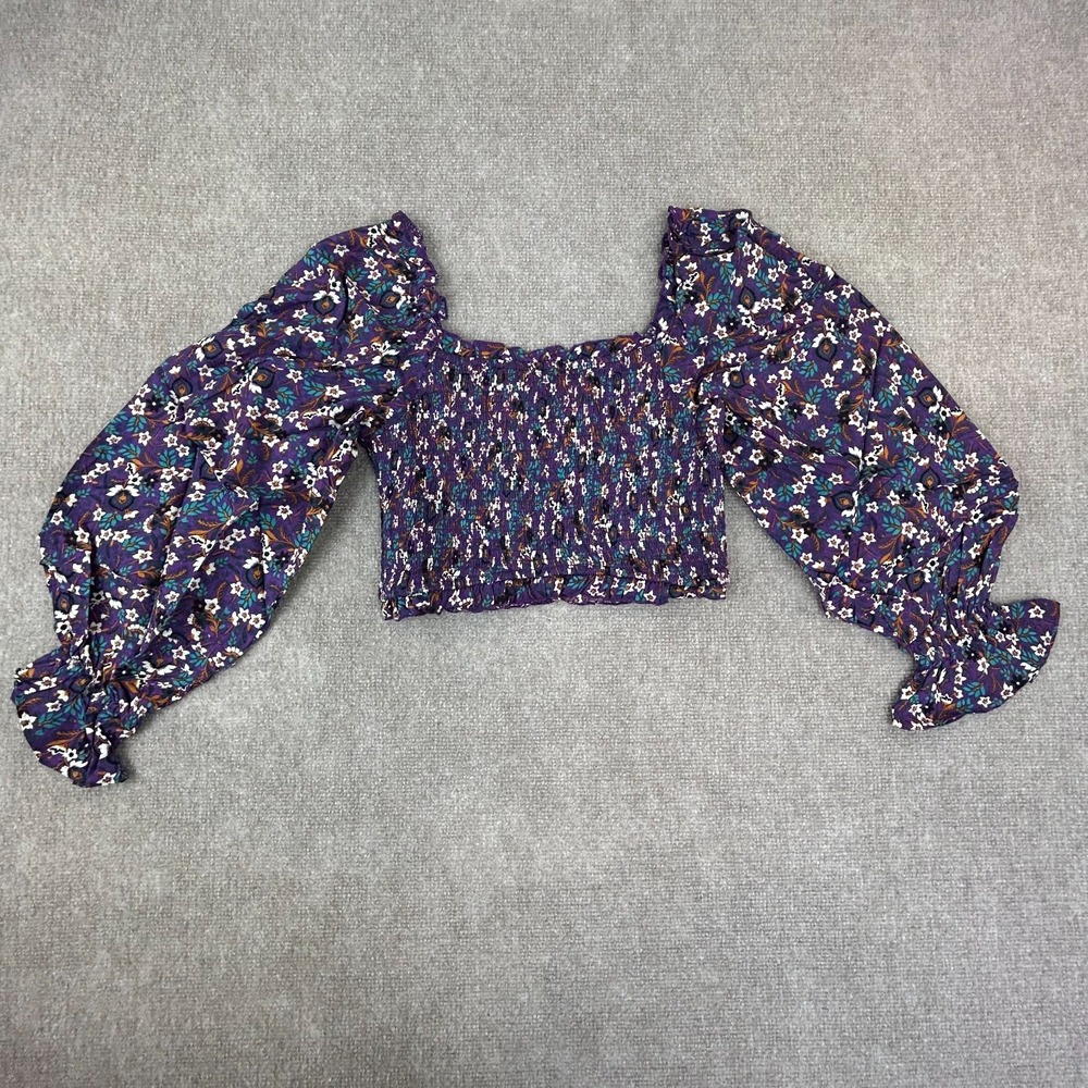 Band Of The Free Agathe Crop Top Womens Purple Floral Balloon Sleeves Smocked